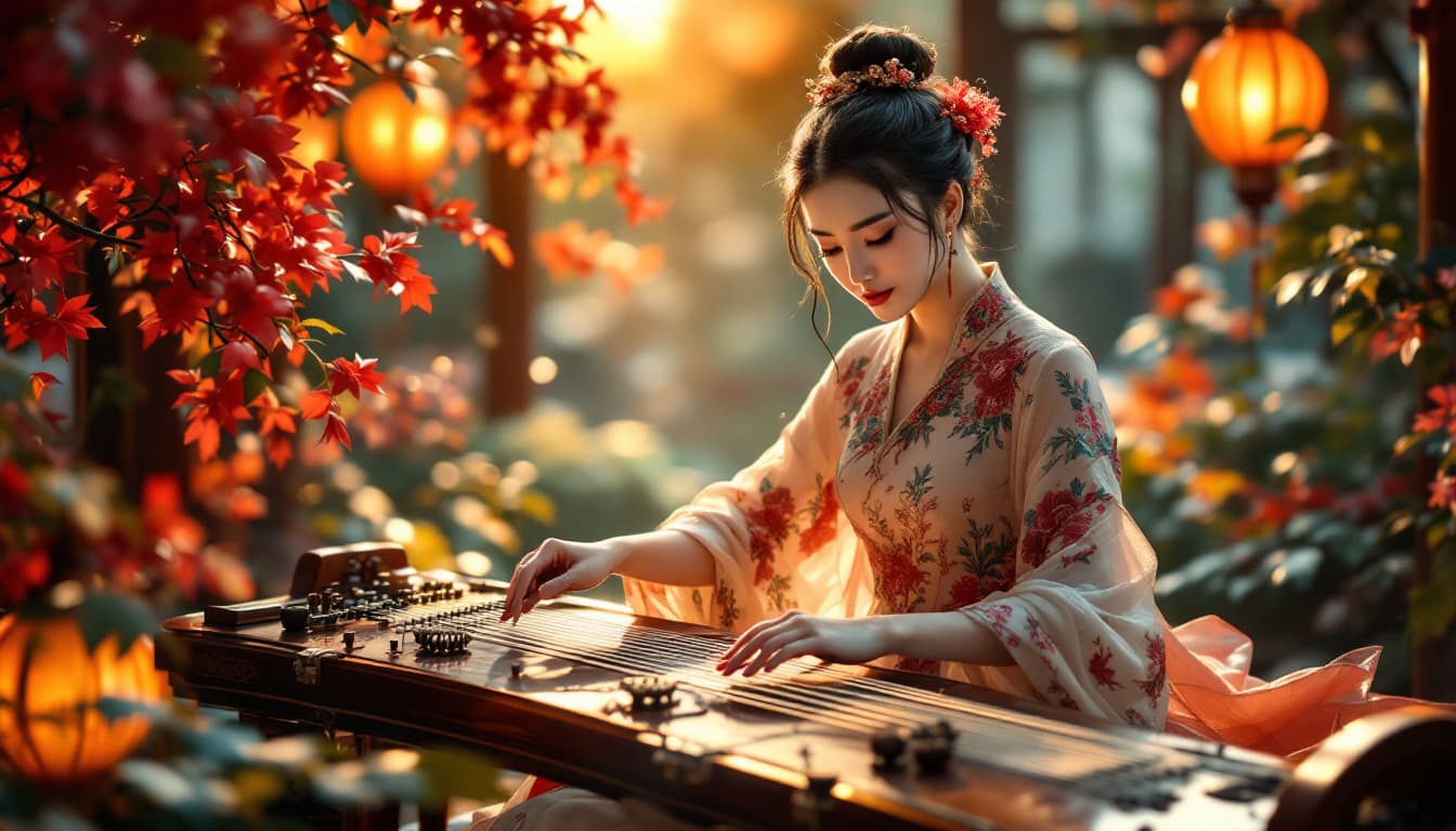 AI generated: A captivating scene featuring a Chinese woman with striking features,  seated gracefully before a ho...