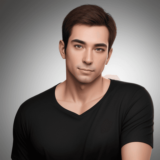 AI generated: 8k Linkedin professional photo of a slim white man with brown eyes in a black tee-shirt with studio ...