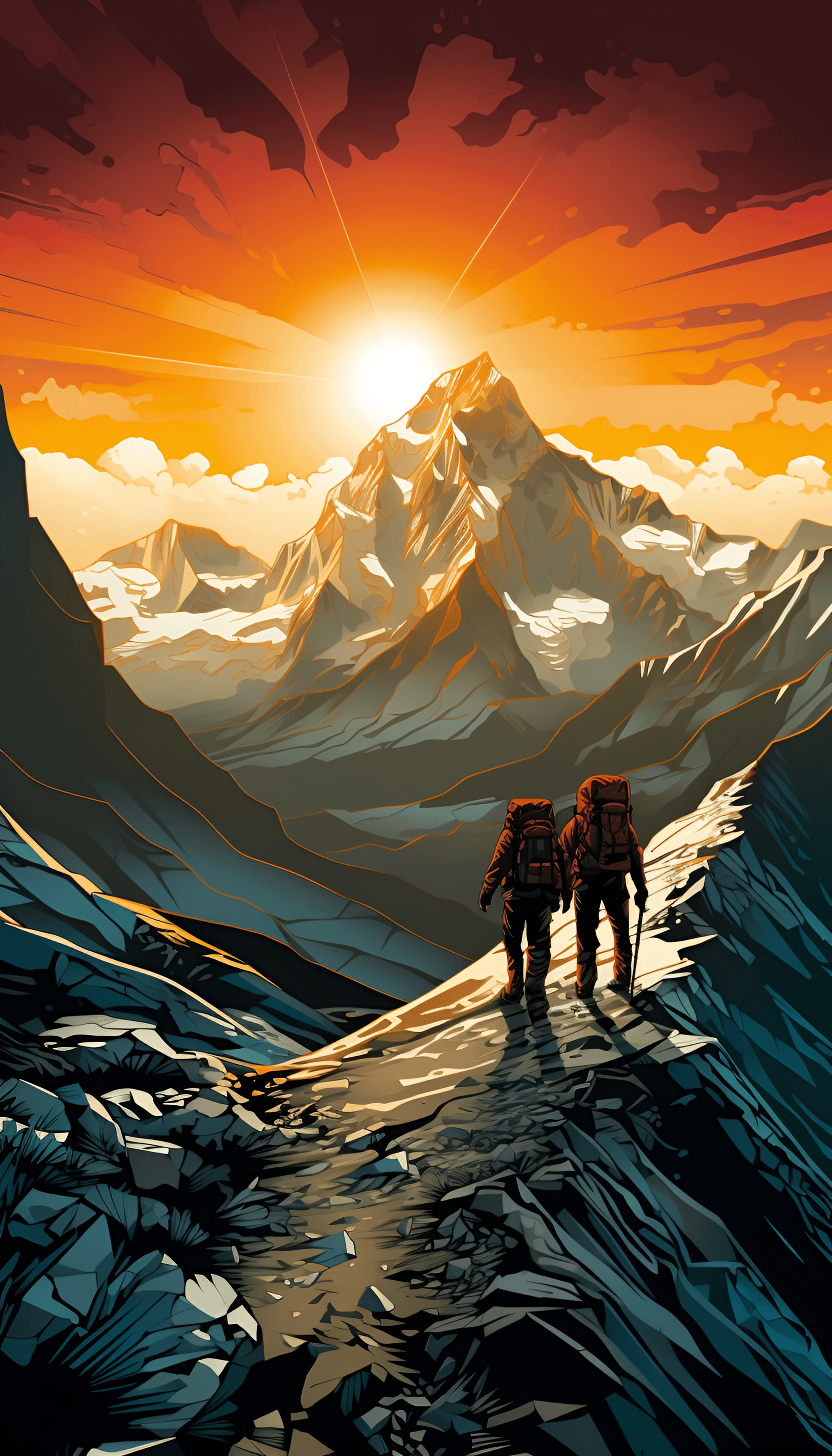 AI generated: Illustration of Mountain climbers ascending a challenging peak. One-point perspective, Abstract back...