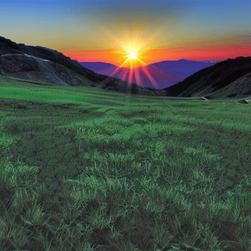 AI generated: a beautiful green landscape, stunning light, breathtaking, golden sun, promised land, mountainrange ...
