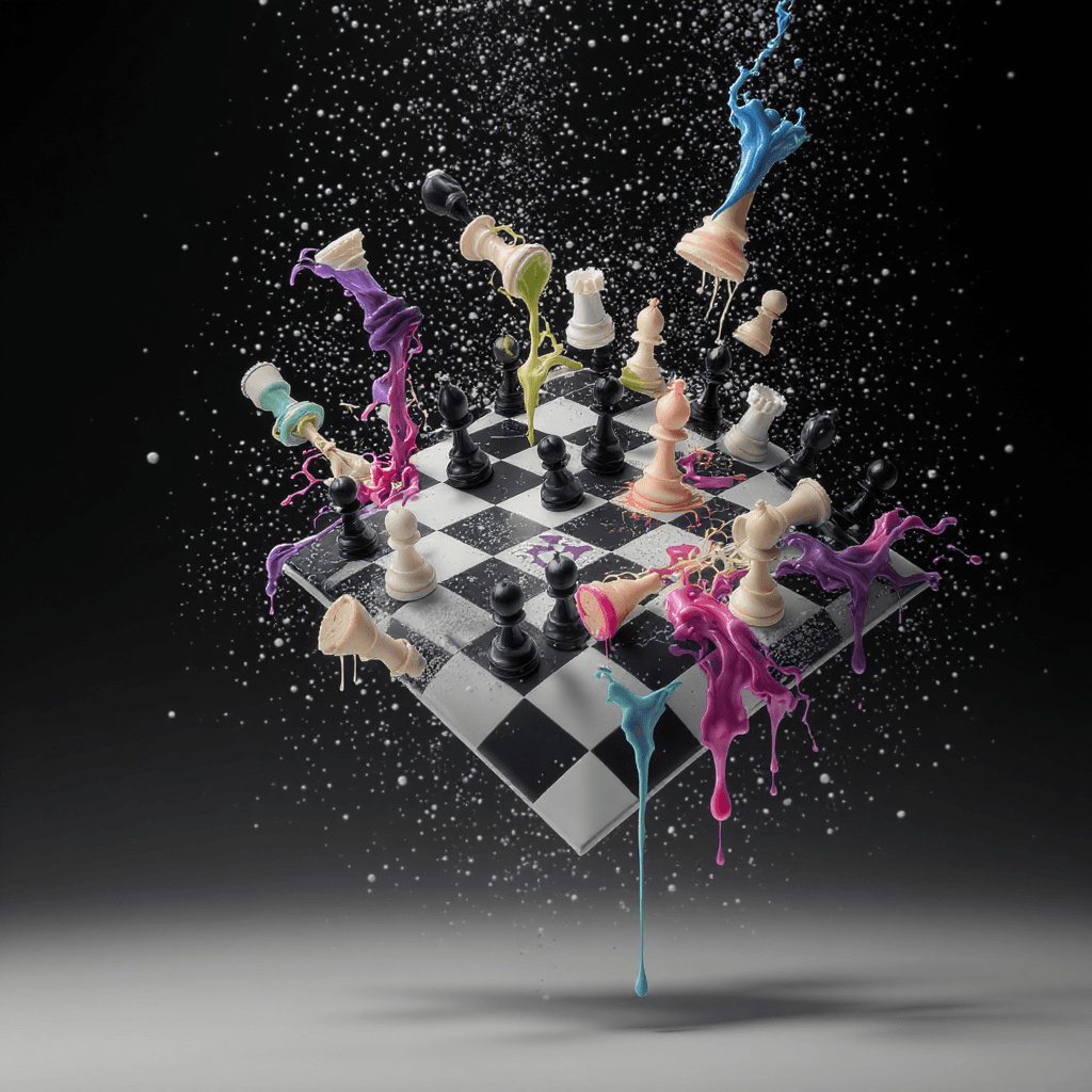 AI generated: A hyper-realistic image of a floating black and white chess board, suspended in mid-air. The chess p...