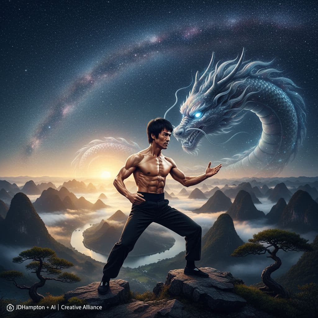 AI generated: **A cinematic masterpiece, a spiritual tribute by JDHampton & AL. Bruce Lee at his absolute physical...