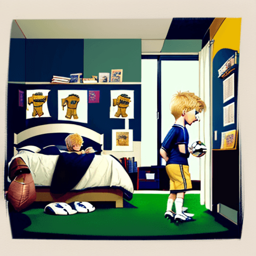 AI generated: Cute, little boy with blond hair, in his room, looking at the poster on the wall with football field...