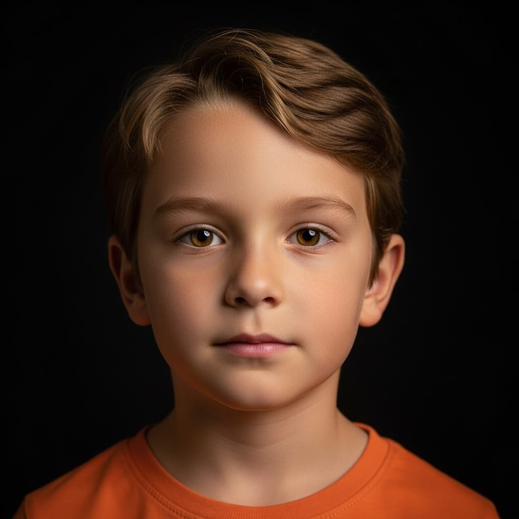 AI generated: editorial photography, front shot, upper-body, 8 years old boy model, gaze, capturing a bright light...