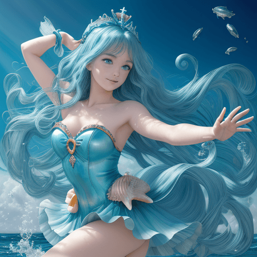 AI generated: A playful anime dancer from the sparkling ocean with a seashell crown and a dolphin hairpin at noon ...