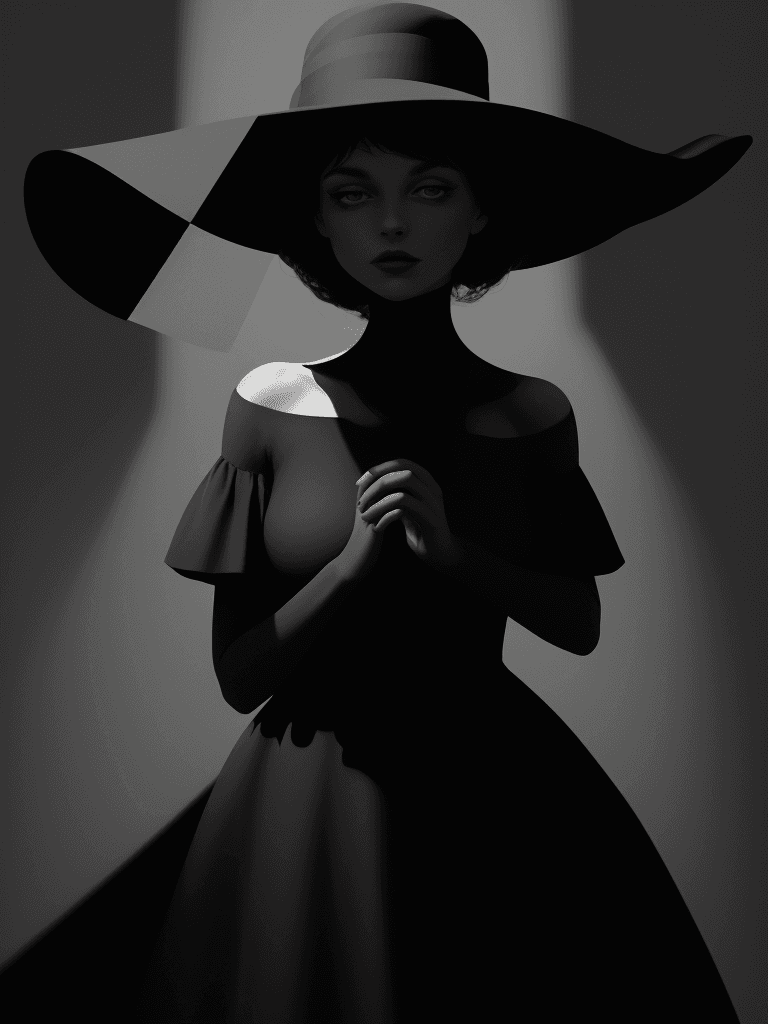 AI generated: a woman in a black dress is wearing a big hat to the right, in the style of clever use of negative s...