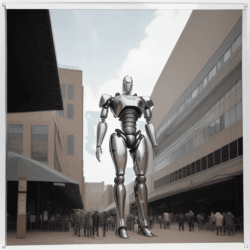 AI generated: tall giant in the piazza from an old photograph, clear plastic wrap outside, steel robot frame insid...