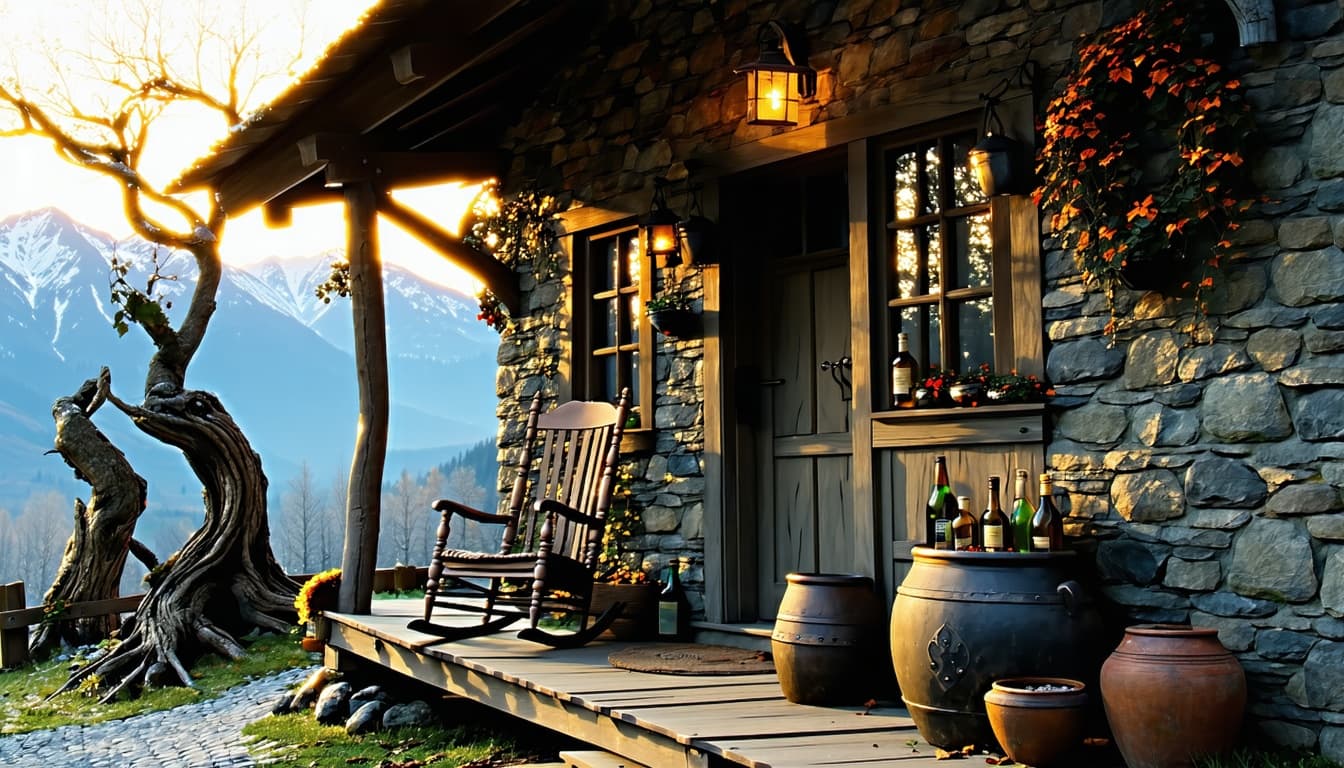 AI generated: Small old cobblestone cottage with a porch. An old wood rocking chair on the porch. Also on the porc...