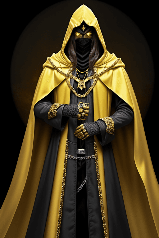 AI generated: Shadow wizard money gang, in yellow cloak hood, dark face, gold chains and jewellery