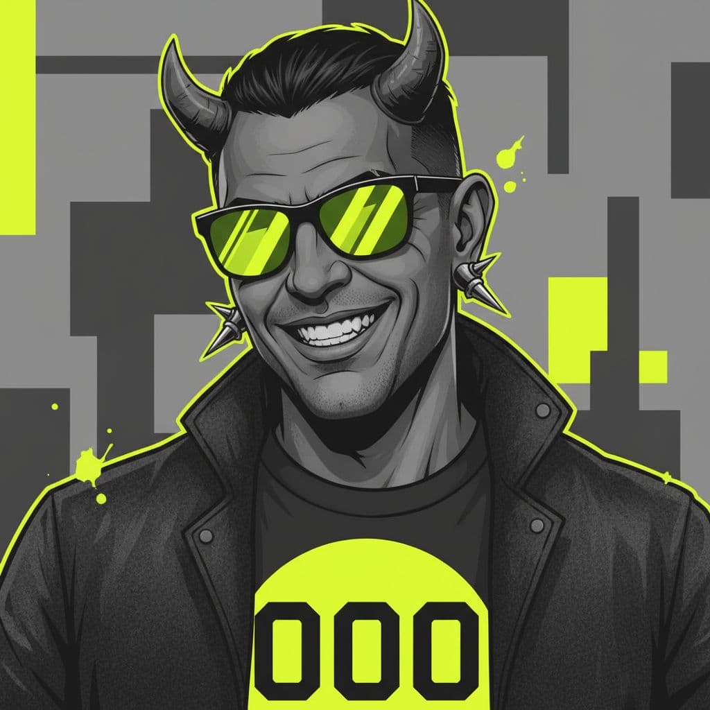 AI generated: grayscale man, smiling, wearing green sunglasses,  dark jacket,  large black "OOO" letters on a brig...
