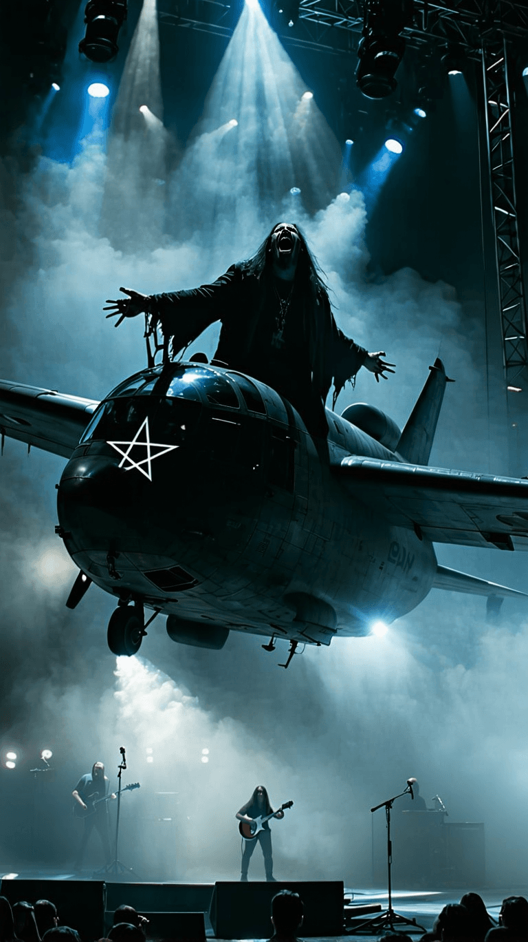 AI generated: poster design,scene from black metal concert,vocalist like Dani filth set on a pentagram shaped flyi...