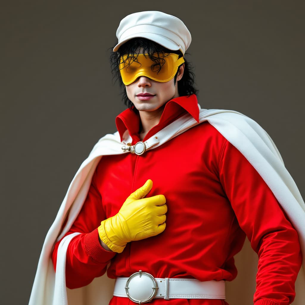 AI generated: Hyper realistic MICHAEL JACKSON IN A RED Jumpsuit ONESIE, WITH A WHITE Cloak CAPE , YELLOW BANDANER ...