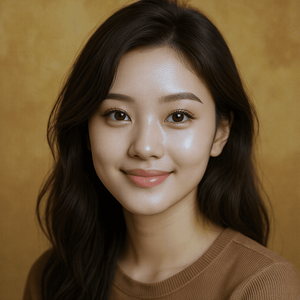 AI generated: This portrait showcases a young woman with long, wavy dark brown hair and a smooth, fair complexion....