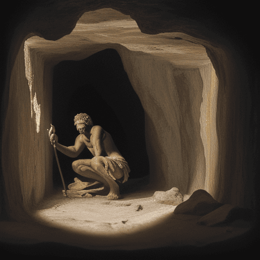 AI generated: detailed oil painting of the allegory of the cave by plato, figue shadows on the wall, fire behind t...