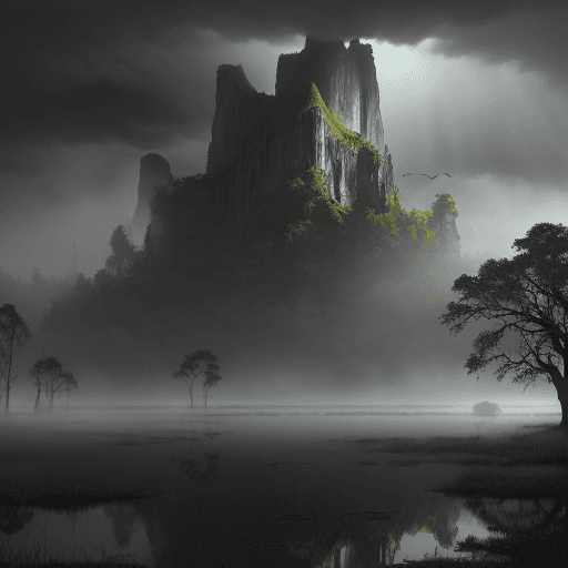 AI generated: Hyper realistic landscape in Ansel Adam style, Swamp, from the point of view a frog, deep in the bac...