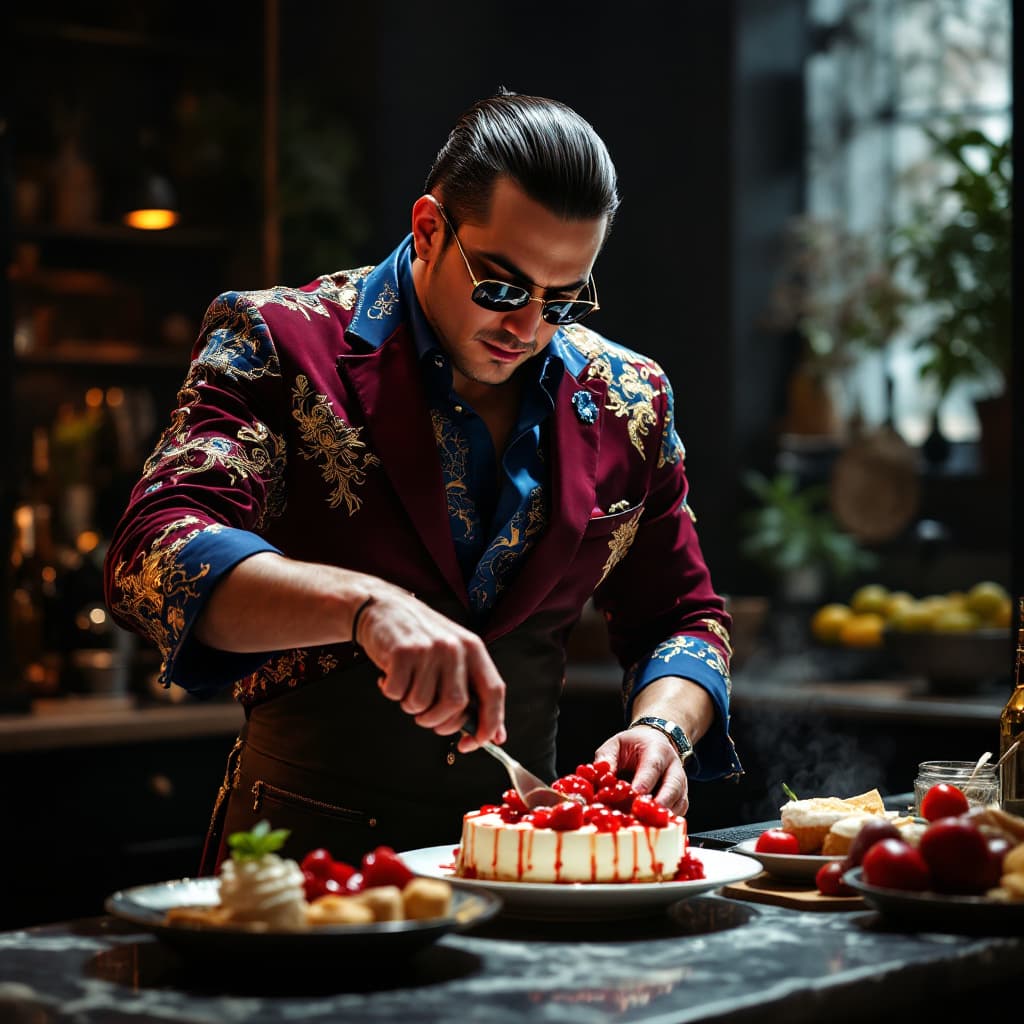 AI generated: a yakuza wearing a burgundy suit and a versace shirt in blue wearing an apron and is cooking dessert...