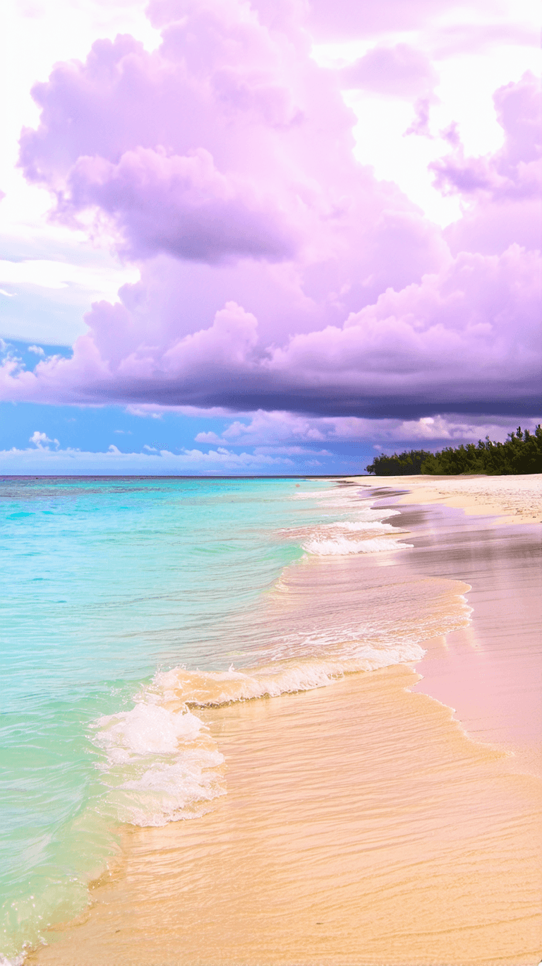 AI generated: 4k pciture of a cloudy beach dominated by pastel colors, realistic photo-like taken in a 40mm lens. ...