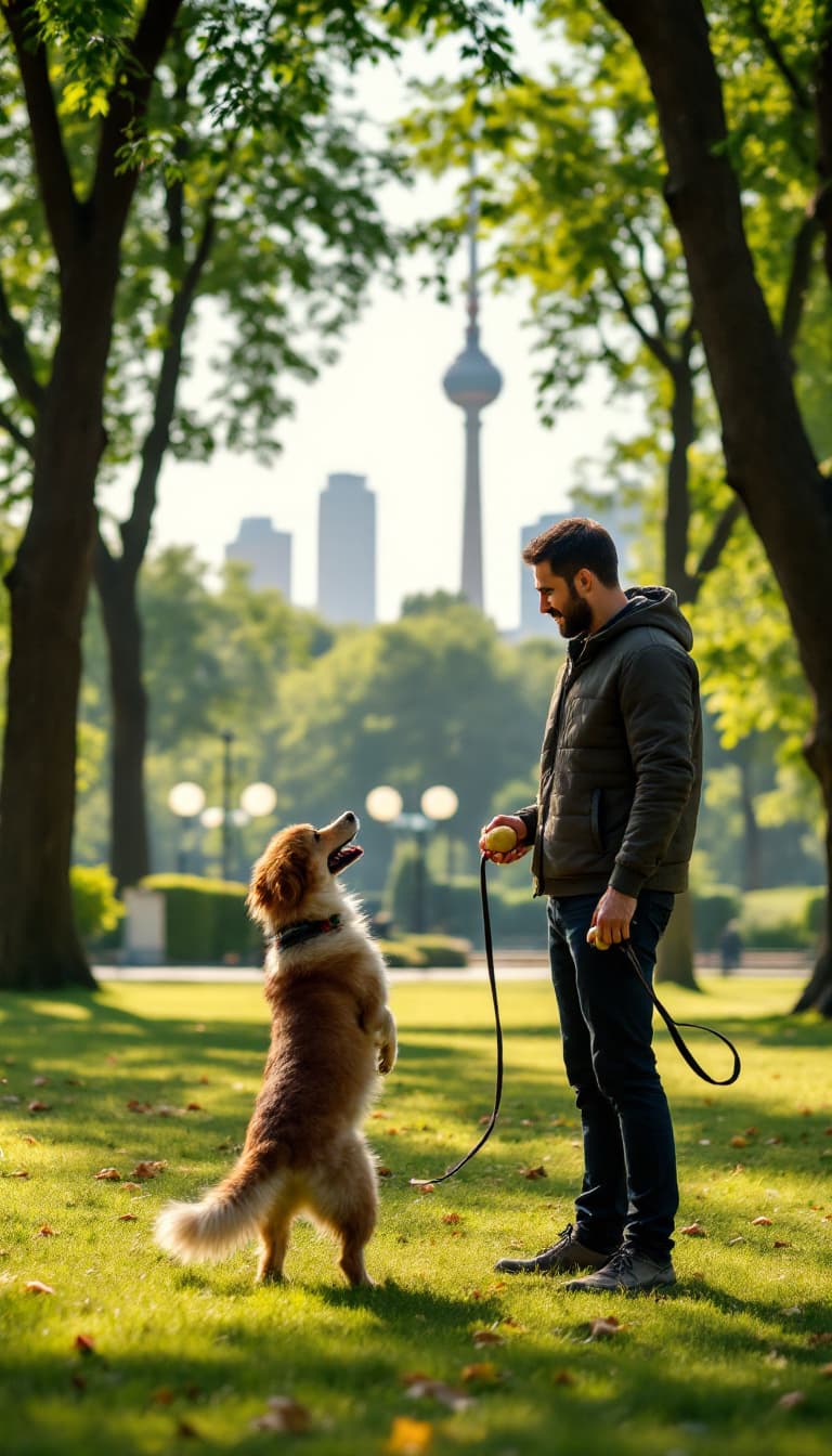 AI generated: A man is playing with his dog in a park in Tehran. He holds a ball in his hand, ready to throw it, w...
