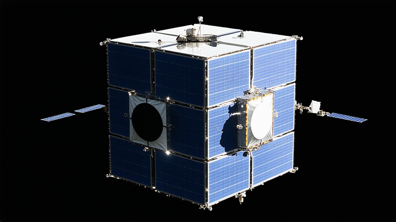 AI generated: Hyper realistic Shows a cube-shaped satellite in orbit 