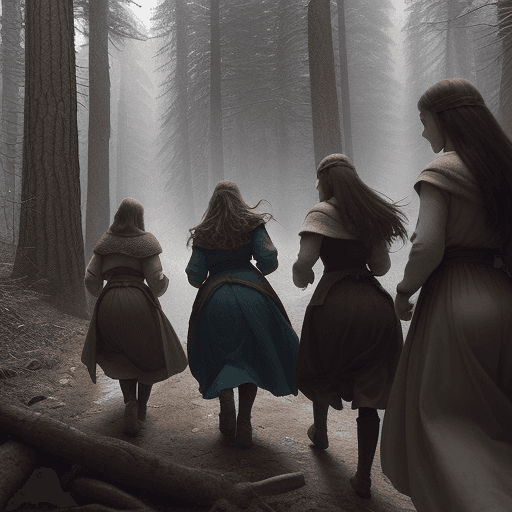 AI generated: five girls fleeing through the woods or the mountains in medieval thriller