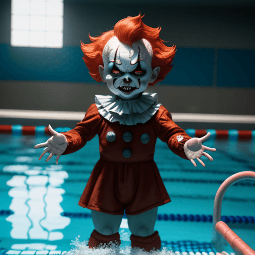 AI generated: A [ Full Body ] Scary Chucky wearing a pennywise costume while in a public swimming pool, fantasy, p...
