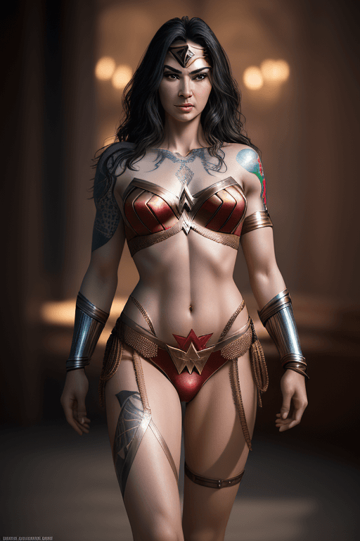 AI generated: turkish Wonder Woman, happy, tattoo, metal lingerie, (tattoos), (full length of body visible), looki...