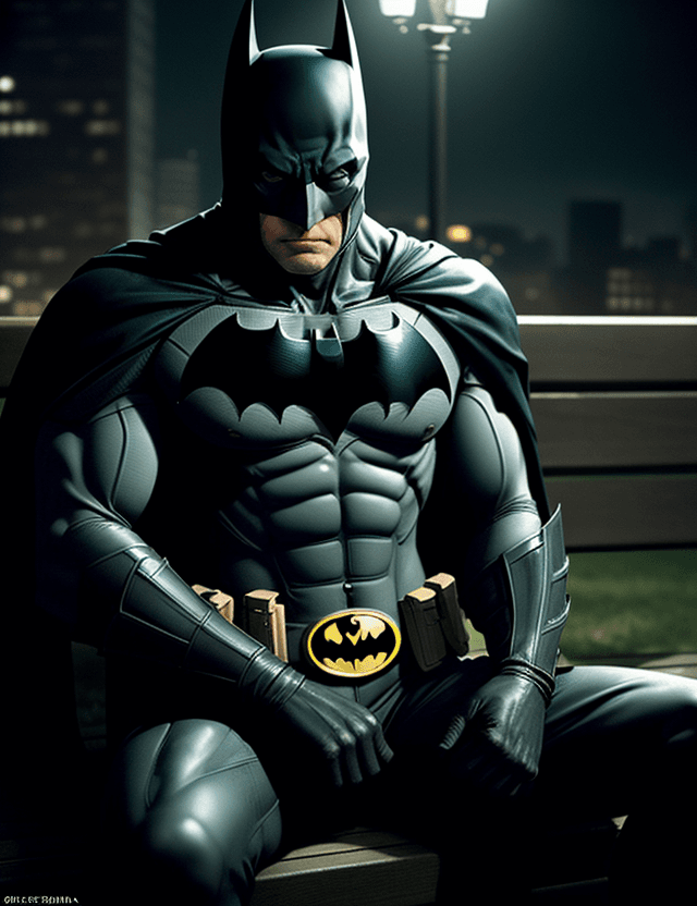 AI generated: Batman Field Knight photographed by sofia coppola, MUSCLE looking at the camera, sitting on a bench ...