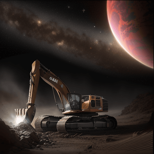 AI generated: 
Hyperrealistic photograph at eye level of a Caterpillar brand excavator 
 with outer space landscap...