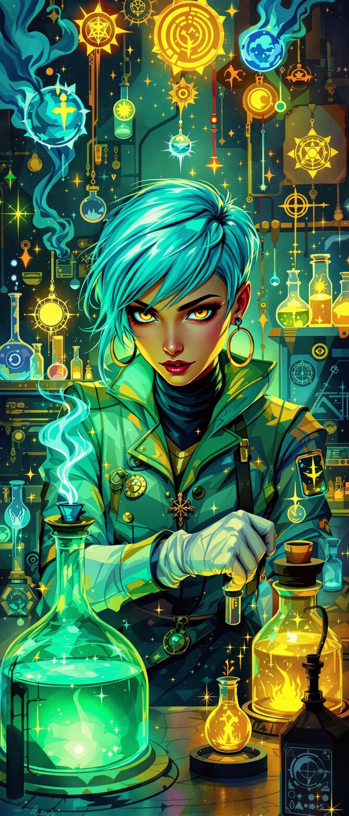 AI generated: "Turquoise Alchemist in a Luminous Lab": A dynamic abstract painting features an alchemist, exuding ...