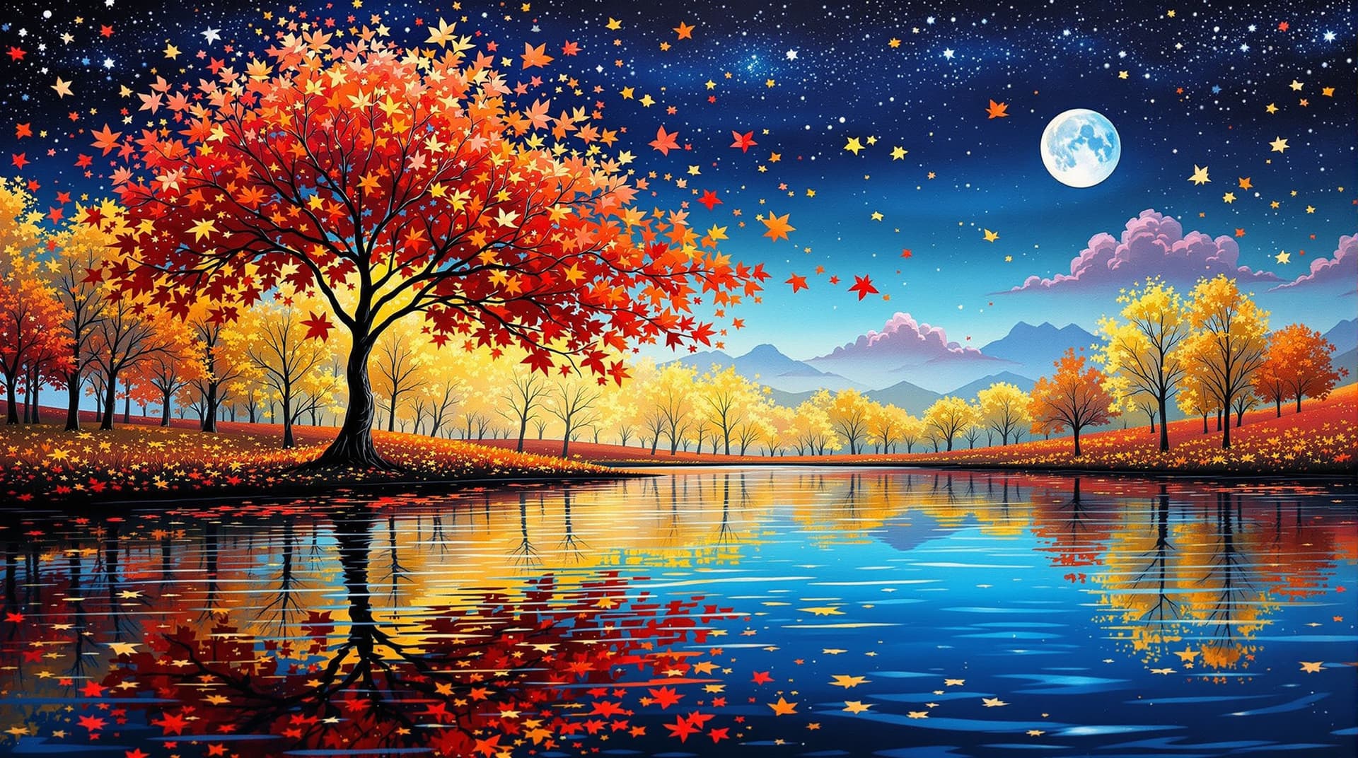 AI generated:   une abstraction  sur un canvas liquide d ,un  paysage aux couleurs d,automne 3d  avec des arbres  ...