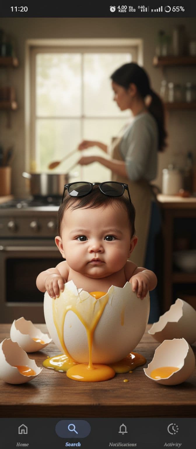 AI generated: Realistic-caricature of a big-headed baby with the face of an Indonesian adult man emerging from a n...