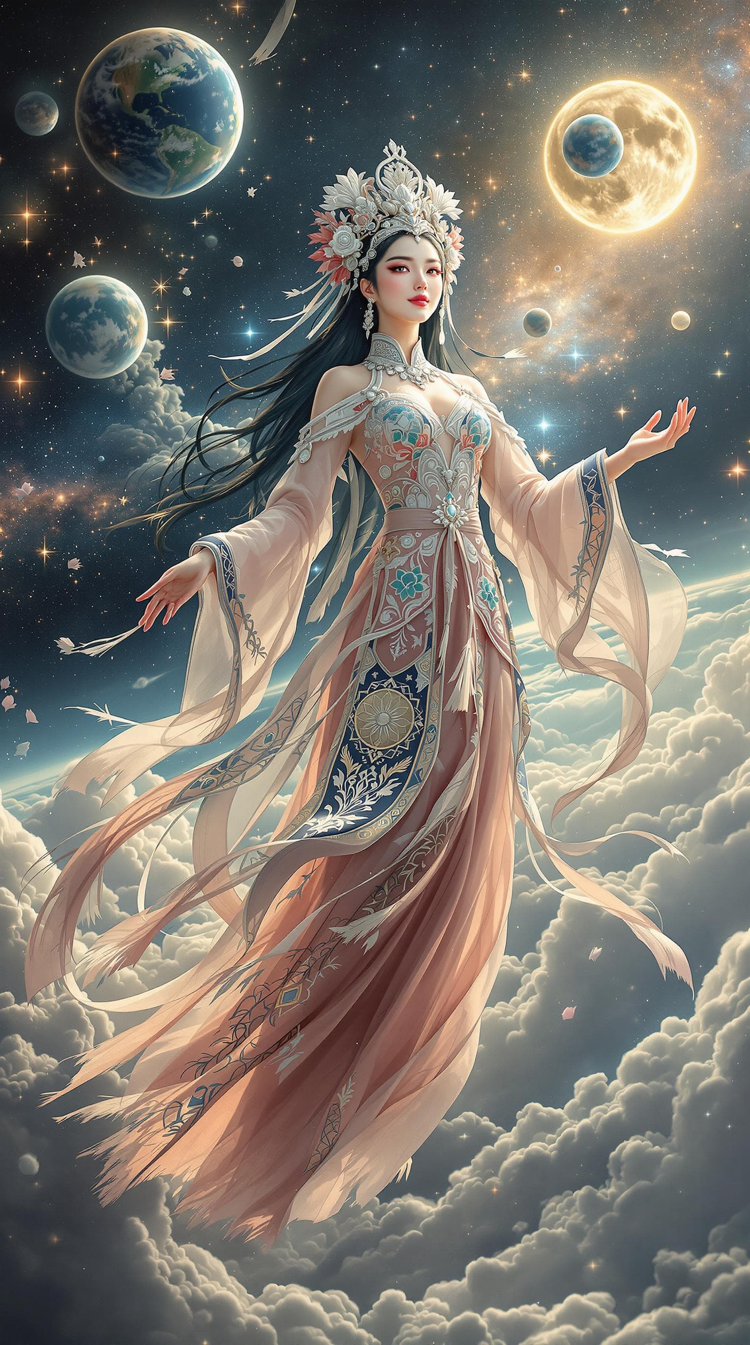 AI generated: full body and fantastical depiction of a massive cosmic Hmong girl floating through the vastness of ...