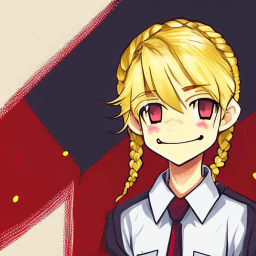 AI generated: Golden blonde hair, Braided, a boy, smiling, bright smile, School uniform, Red eyes, simple artstyle...