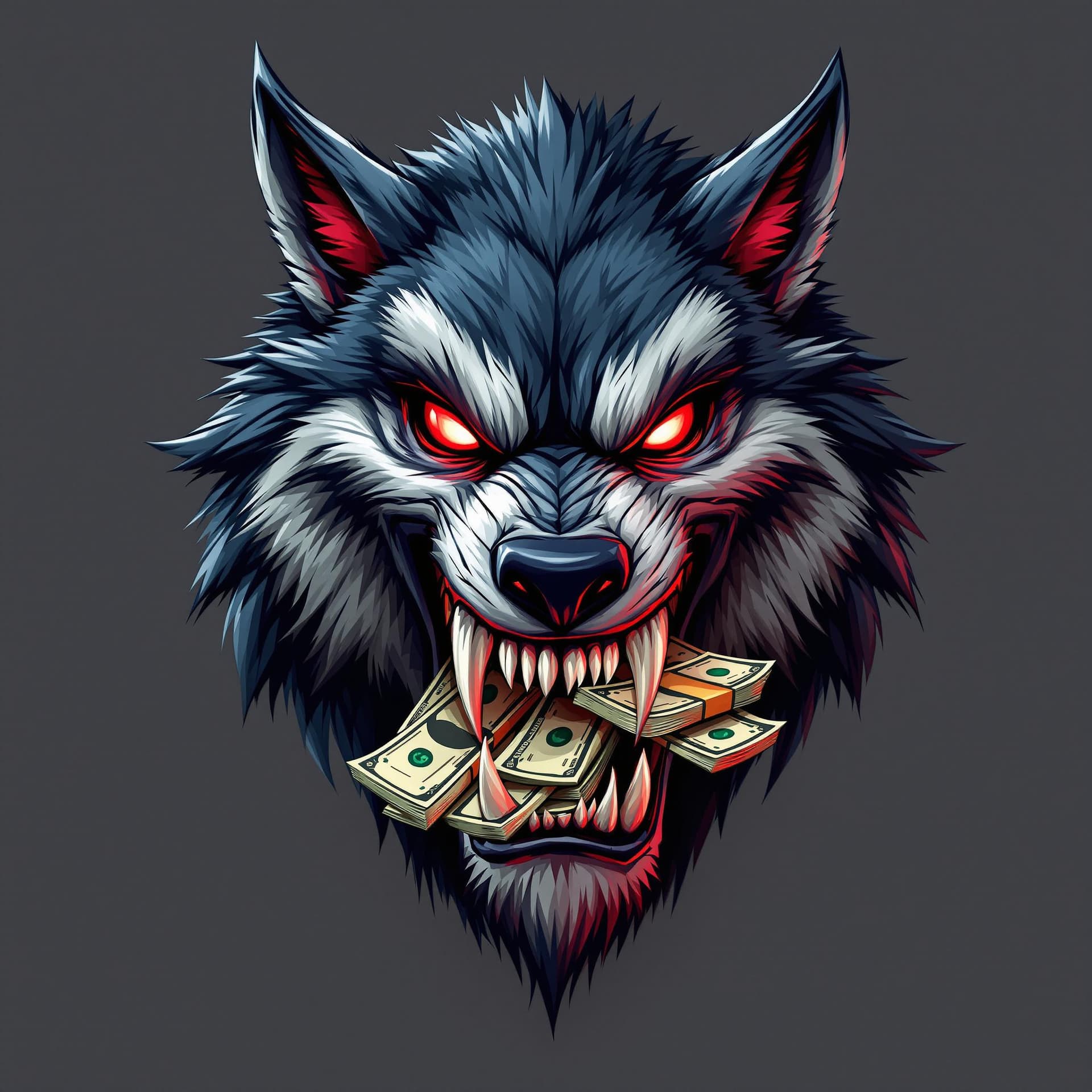 AI generated: ferocious wolf with red eyes, sharp teeth with a stack of money in it's mouth, 3d illustration
