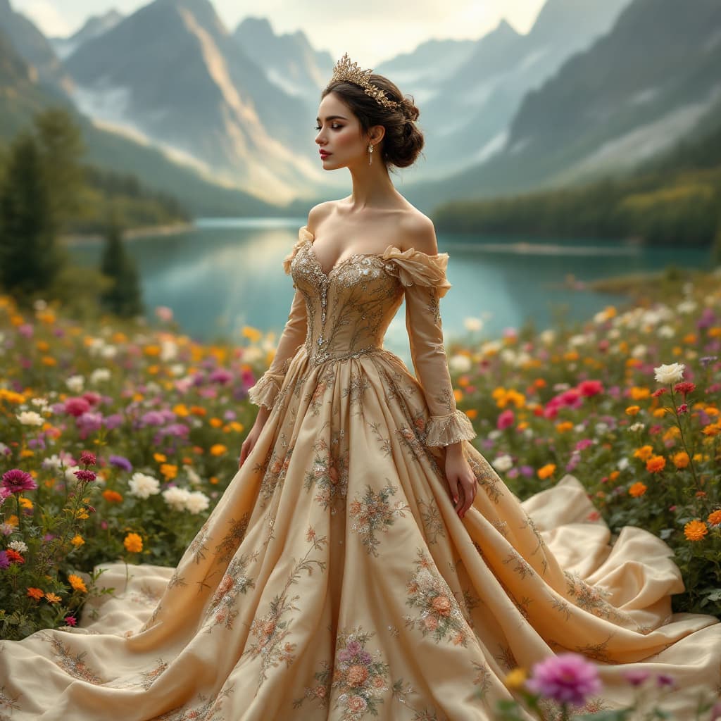 AI generated: a serene and enchanting scene of a woman standing in a field of vibrant flowers, with a majestic lak...