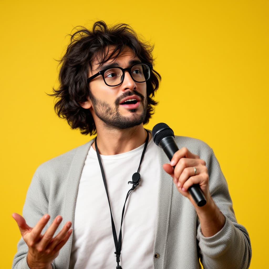 AI generated: A charismatic speaker is captured mid-speech. He has long, tousled black hair that's slightly messy ...