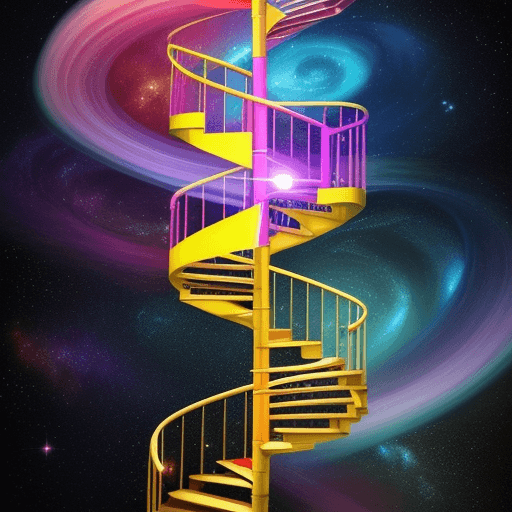 AI generated:  spiral staircase leading into the universe bright colours, every step containing a positive message