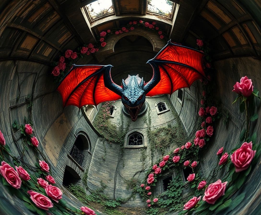 AI generated: Fisheye lens  aerial perspective perspective looking down from a birds eye view onto a dragon in fli...