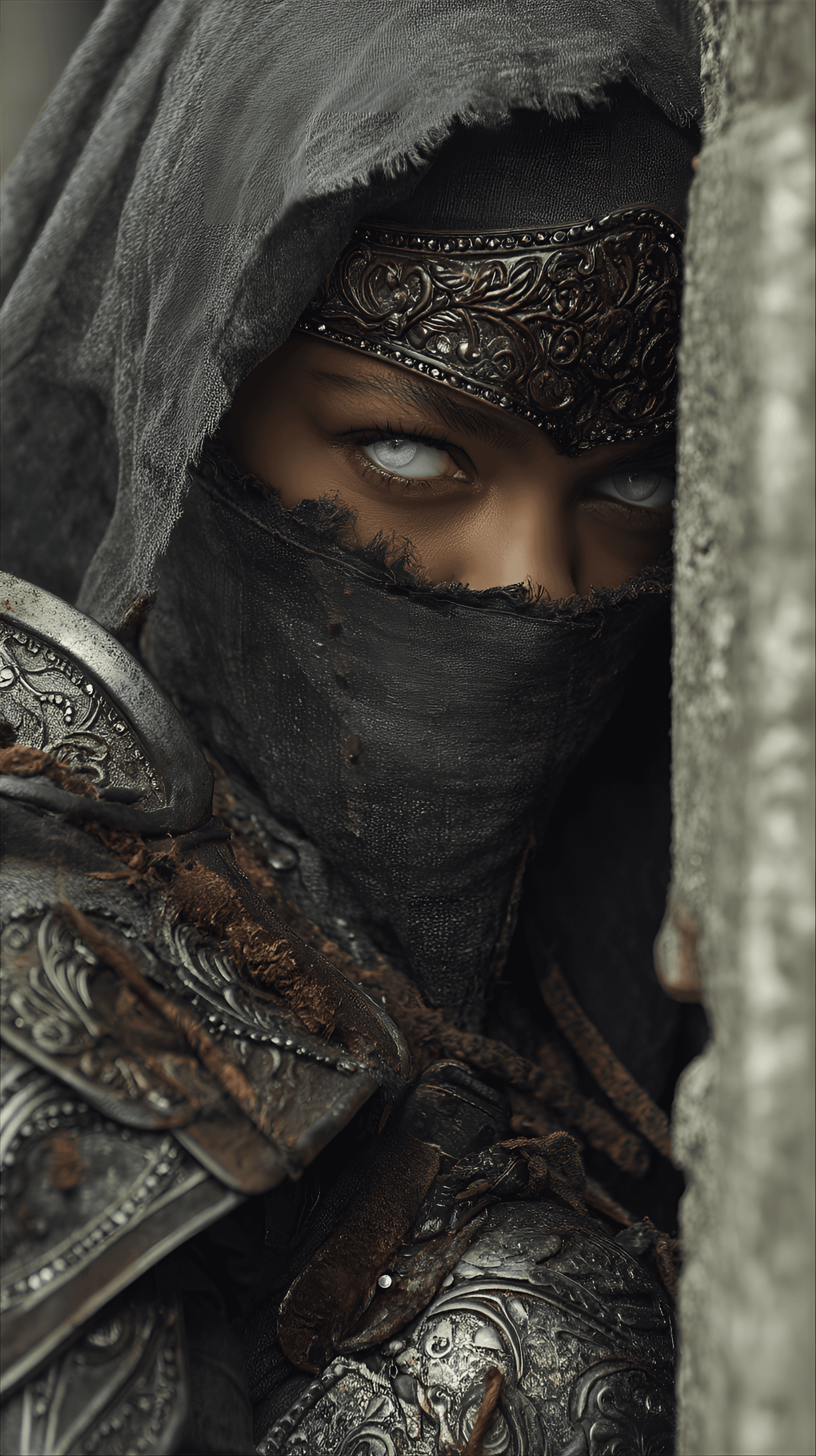 AI generated: female warrior,  young adult, likely Middle Eastern, wearing intricate, dark-gray metal armor with b...