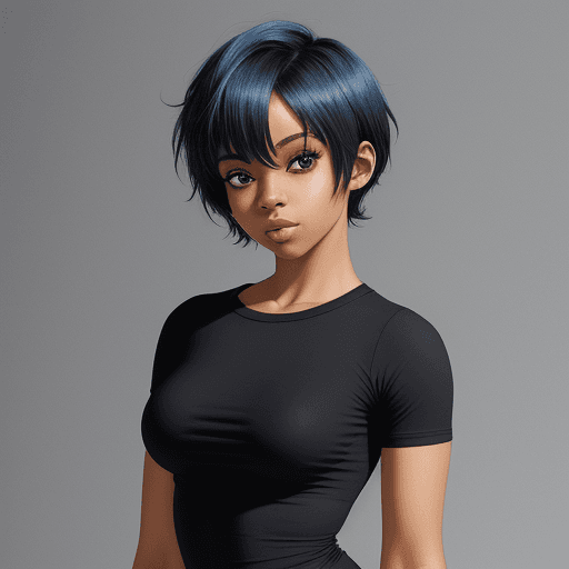 AI generated: cute anime black girl short blue hair in tight shirt