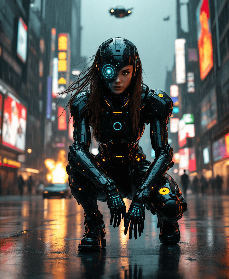 AI generated: A beautiful masterpiece (8K) full-body portrait of a 20-year-old brunette cyborg.  Her helmet is has...