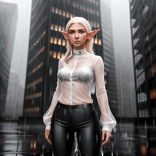 AI generated: A realistic looking female elf see through white shirt and black pants in a modern world that is rai...