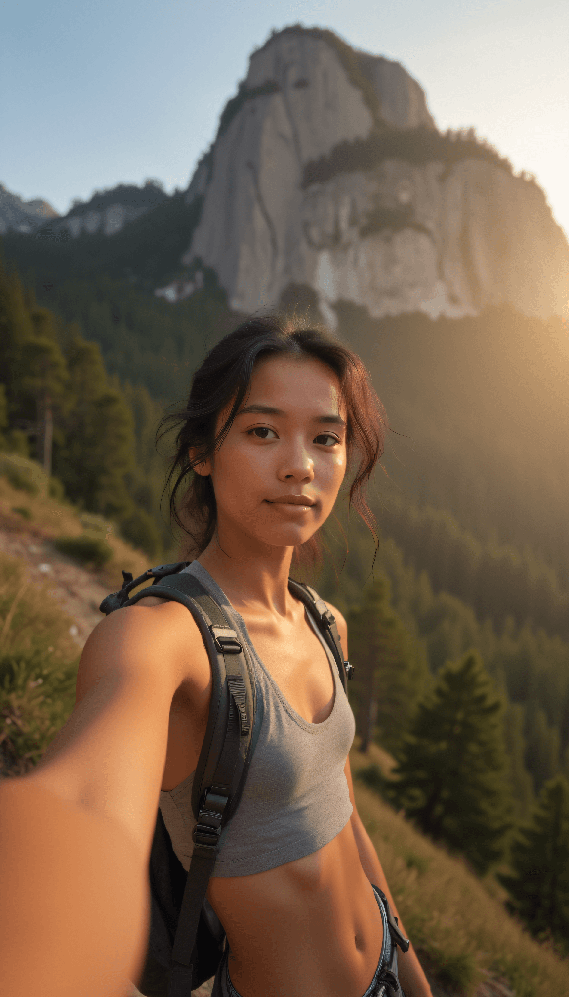AI generated: Slim female hiker with exposed midriff taking a selfie at a mountain overlook, unaware of the humano...