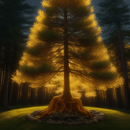 AI generated: 
pine tree with a golden and illuminated view