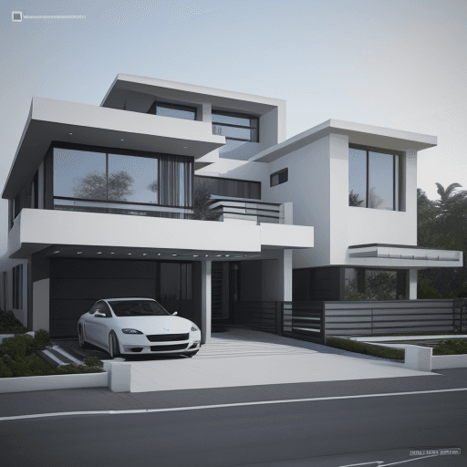 AI generated: a view of a modern house with a car parked in front of it, overall architectural design, large moder...