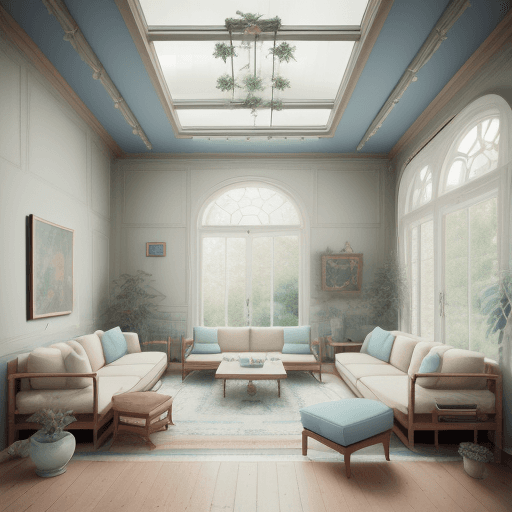 AI generated: High resolution photography interior design, dreamy sunken living room conversation pit, wooden floo...