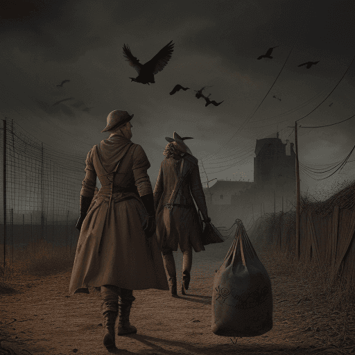 AI generated: Large gris-gris bag, crows flying in background, barbed wire, large highly detailed ochre colored ru...