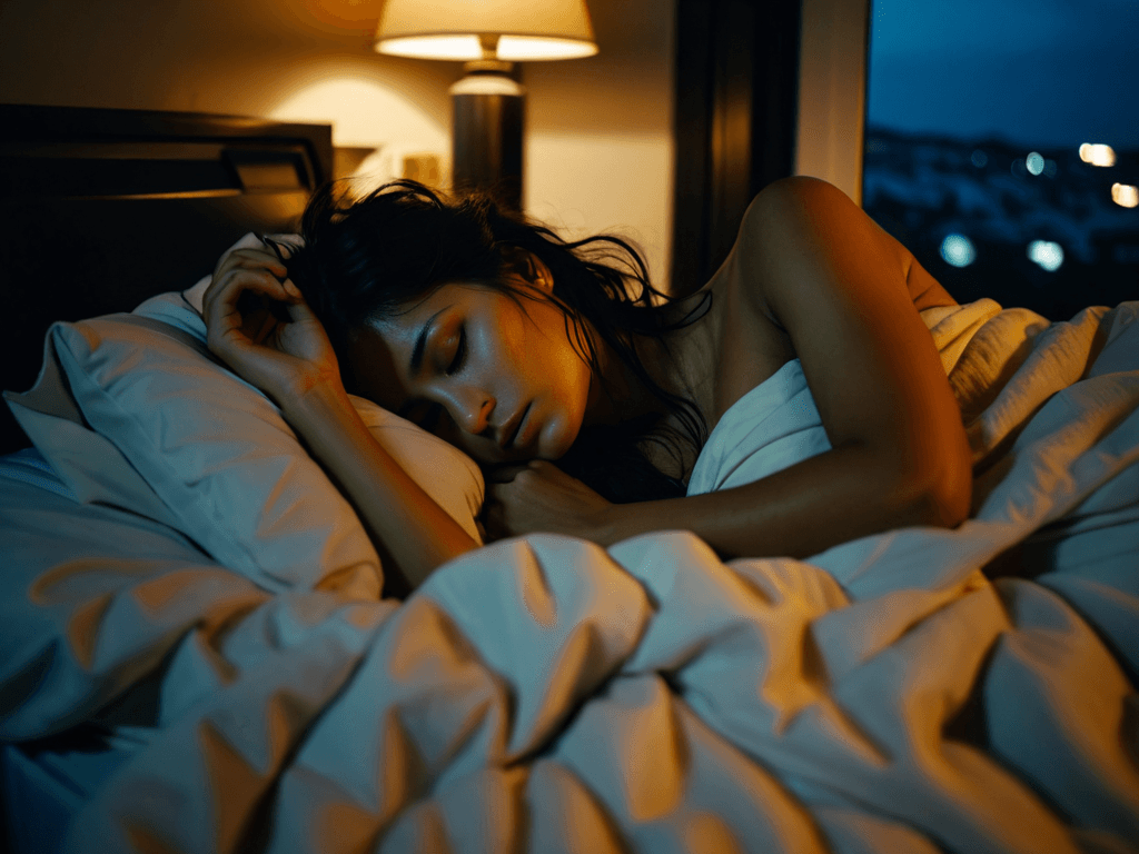 AI generated: Close-up, candid photograph of, a South American woman, messy black hair, peacefully sleeping in her...