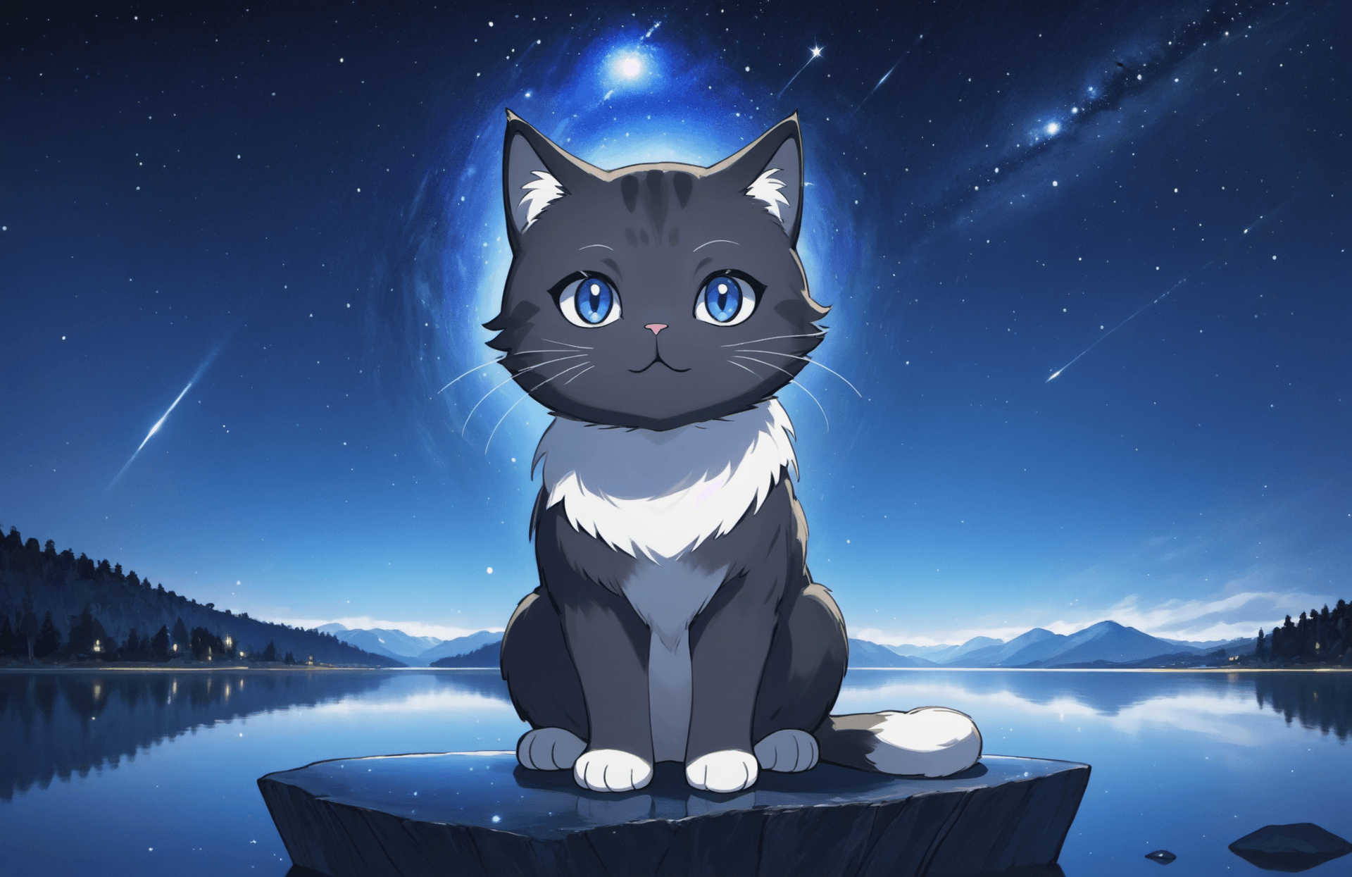 AI generated: ('young 1cat':1.2) with 'dark grey fur with white streaks', (symmetric face: 1.2), eyes looking curi...