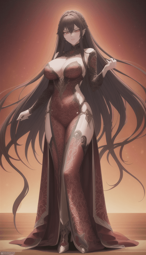 AI generated: full body, alluring appearance, exceptional beauty, long flowing vibrant dark crimson hues hair, pie...